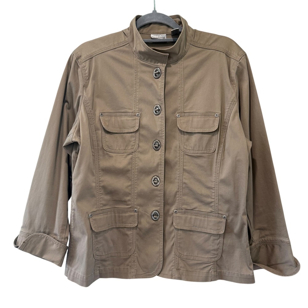 Chicos Womens Khaki Utility Jacket Size 2 Tan Turn Lock Mock Neck Cotton Blend